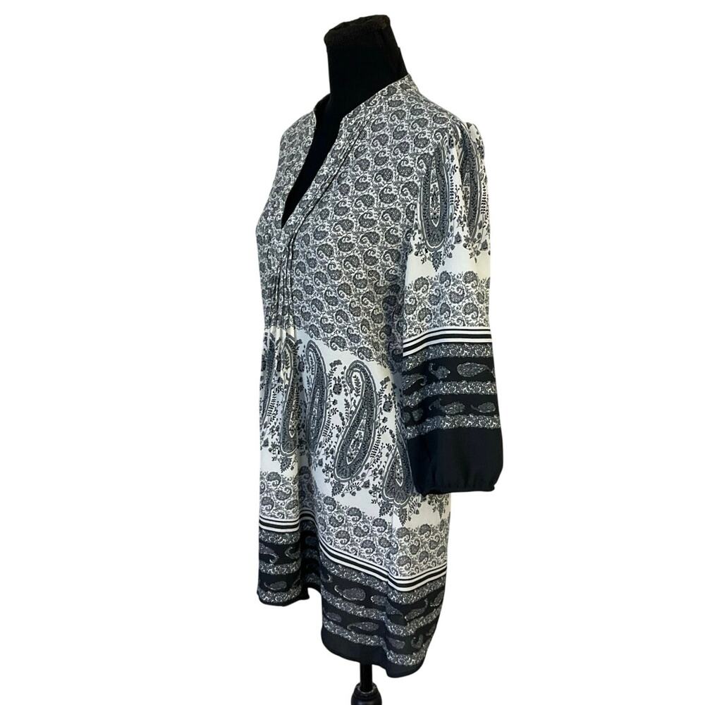 Angie Black & White Paisley Boho Tunic Top Mini Dress Size L Peasant Style - Picture 4 of 10